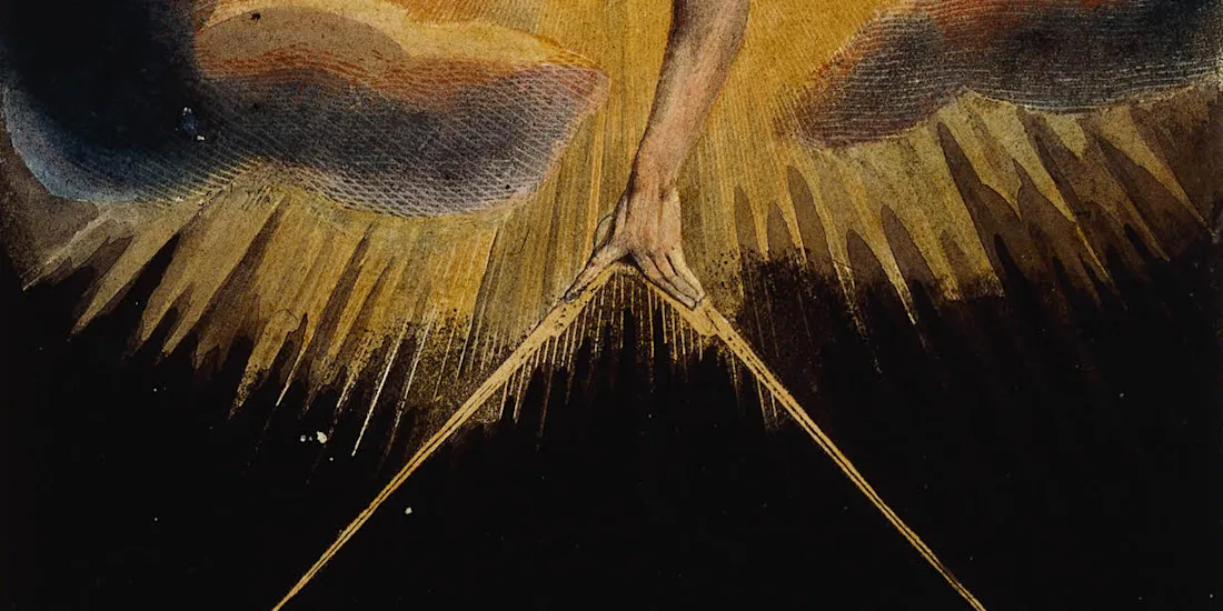 Painting detail of a figure reaching down through radiating light